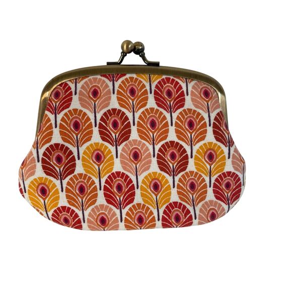 None Handbags - Vintage Twin Metal Frame Change Purse Dual Clasp London Floral Orange 5.5x4.5